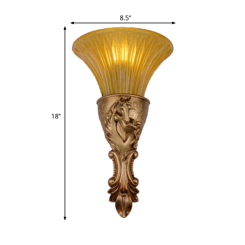 White/Gold Carved Sconce Lamp Colonization Metal 1 Bulb Wall Lighting Fixture with Flared Amber Glass Shade Clearhalo 'Wall Lamps & Sconces' 'Wall Lights' Lighting' 268954