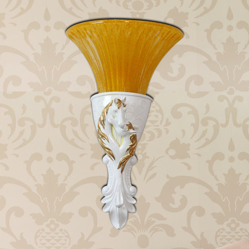 White/Gold Carved Sconce Lamp Colonization Metal 1 Bulb Wall Lighting Fixture with Flared Amber Glass Shade White Clearhalo 'Wall Lamps & Sconces' 'Wall Lights' Lighting' 268955