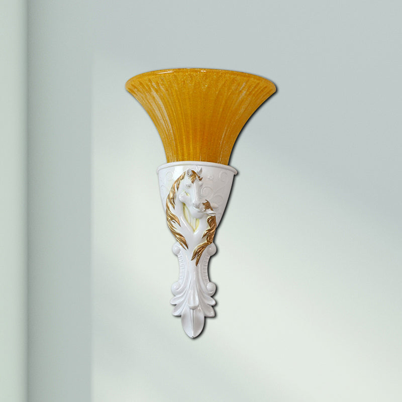 White/Gold Carved Sconce Lamp Colonization Metal 1 Bulb Wall Lighting Fixture with Flared Amber Glass Shade Clearhalo 'Wall Lamps & Sconces' 'Wall Lights' Lighting' 268956