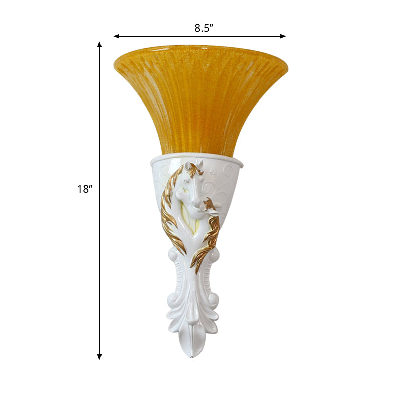 White/Gold Carved Sconce Lamp Colonization Metal 1 Bulb Wall Lighting Fixture with Flared Amber Glass Shade Clearhalo 'Wall Lamps & Sconces' 'Wall Lights' Lighting' 268959