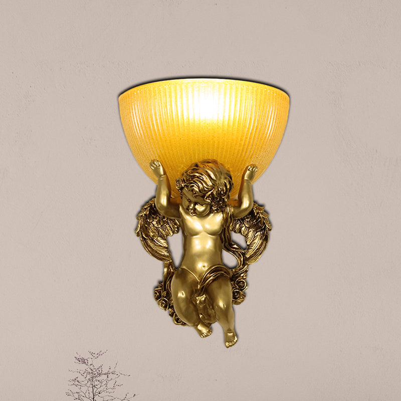 Angel Sconce Light Colony Metal 1 Head White/Gold Wall Lamp Fixture with Dome Amber Glass Shade, Left/Right Gold Left Clearhalo 'Wall Lamps & Sconces' 'Wall Lights' Lighting' 268967