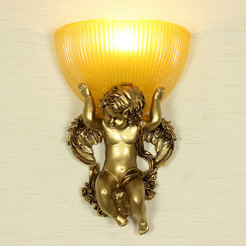 Angel Sconce Light Colony Metal 1 Head White/Gold Wall Lamp Fixture with Dome Amber Glass Shade, Left/Right Clearhalo 'Wall Lamps & Sconces' 'Wall Lights' Lighting' 268968