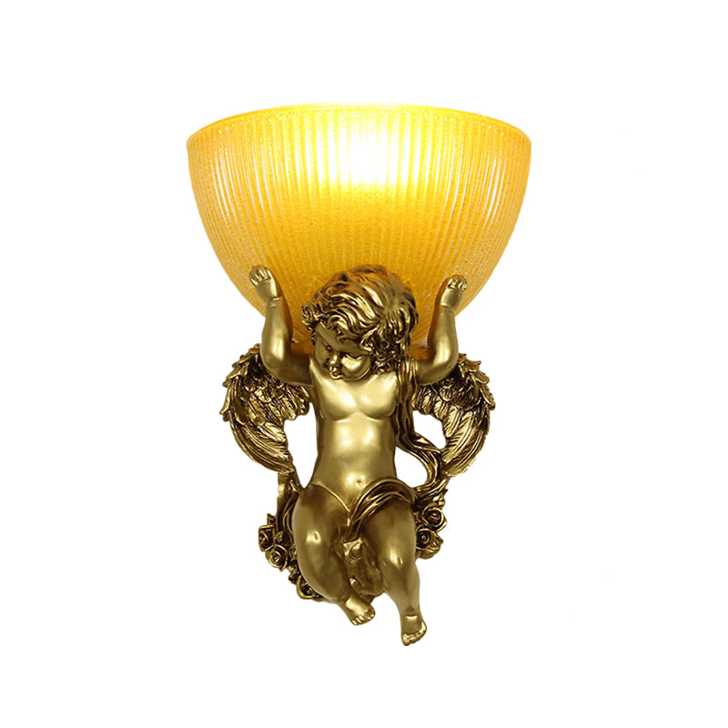 Angel Sconce Light Colony Metal 1 Head White/Gold Wall Lamp Fixture with Dome Amber Glass Shade, Left/Right Clearhalo 'Wall Lamps & Sconces' 'Wall Lights' Lighting' 268970