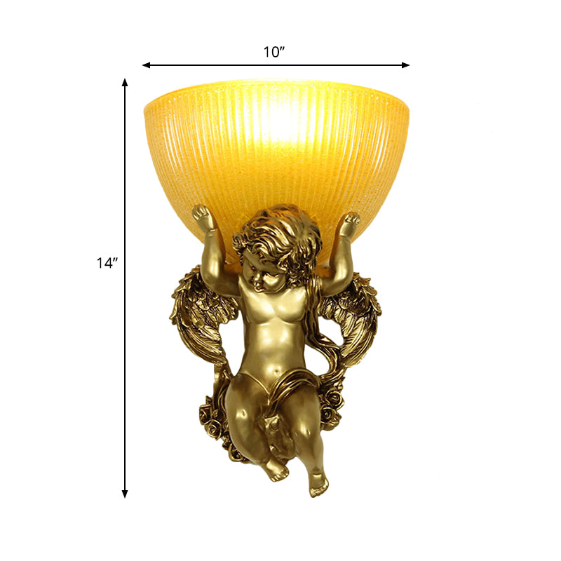 Angel Sconce Light Colony Metal 1 Head White/Gold Wall Lamp Fixture with Dome Amber Glass Shade, Left/Right Clearhalo 'Wall Lamps & Sconces' 'Wall Lights' Lighting' 268971