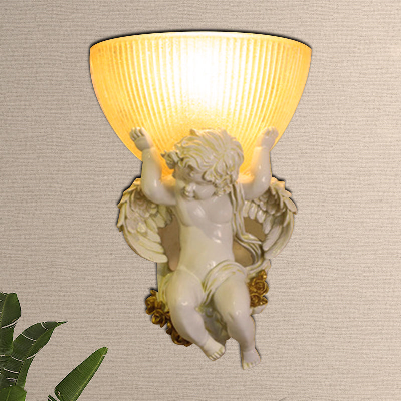 Angel Sconce Light Colony Metal 1 Head White/Gold Wall Lamp Fixture with Dome Amber Glass Shade, Left/Right White Left Clearhalo 'Wall Lamps & Sconces' 'Wall Lights' Lighting' 268973