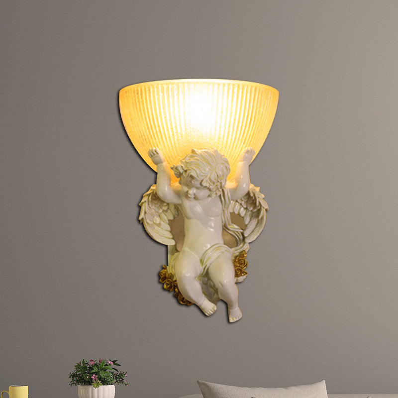 Angel Sconce Light Colony Metal 1 Head White/Gold Wall Lamp Fixture with Dome Amber Glass Shade, Left/Right Clearhalo 'Wall Lamps & Sconces' 'Wall Lights' Lighting' 268974