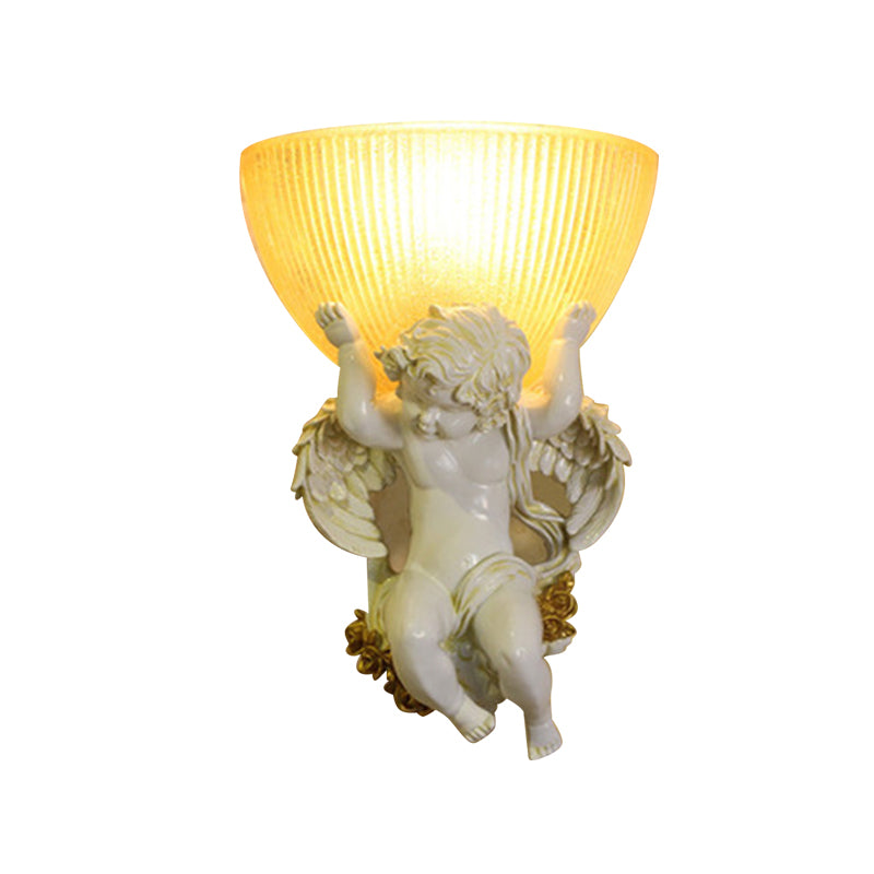 Angel Sconce Light Colony Metal 1 Head White/Gold Wall Lamp Fixture with Dome Amber Glass Shade, Left/Right Clearhalo 'Wall Lamps & Sconces' 'Wall Lights' Lighting' 268976