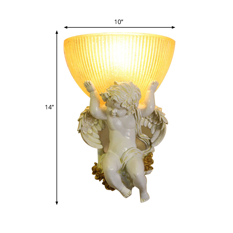 Angel Sconce Light Colony Metal 1 Head White/Gold Wall Lamp Fixture with Dome Amber Glass Shade, Left/Right Clearhalo 'Wall Lamps & Sconces' 'Wall Lights' Lighting' 268977