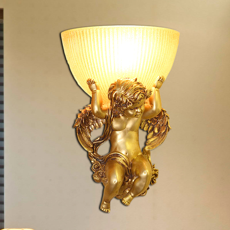 Angel Sconce Light Colony Metal 1 Head White/Gold Wall Lamp Fixture with Dome Amber Glass Shade, Left/Right Gold Right Clearhalo 'Wall Lamps & Sconces' 'Wall Lights' Lighting' 268978