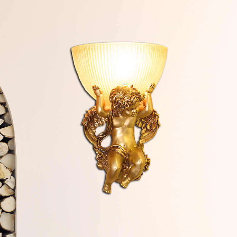 Angel Sconce Light Colony Metal 1 Head White/Gold Wall Lamp Fixture with Dome Amber Glass Shade, Left/Right Clearhalo 'Wall Lamps & Sconces' 'Wall Lights' Lighting' 268979