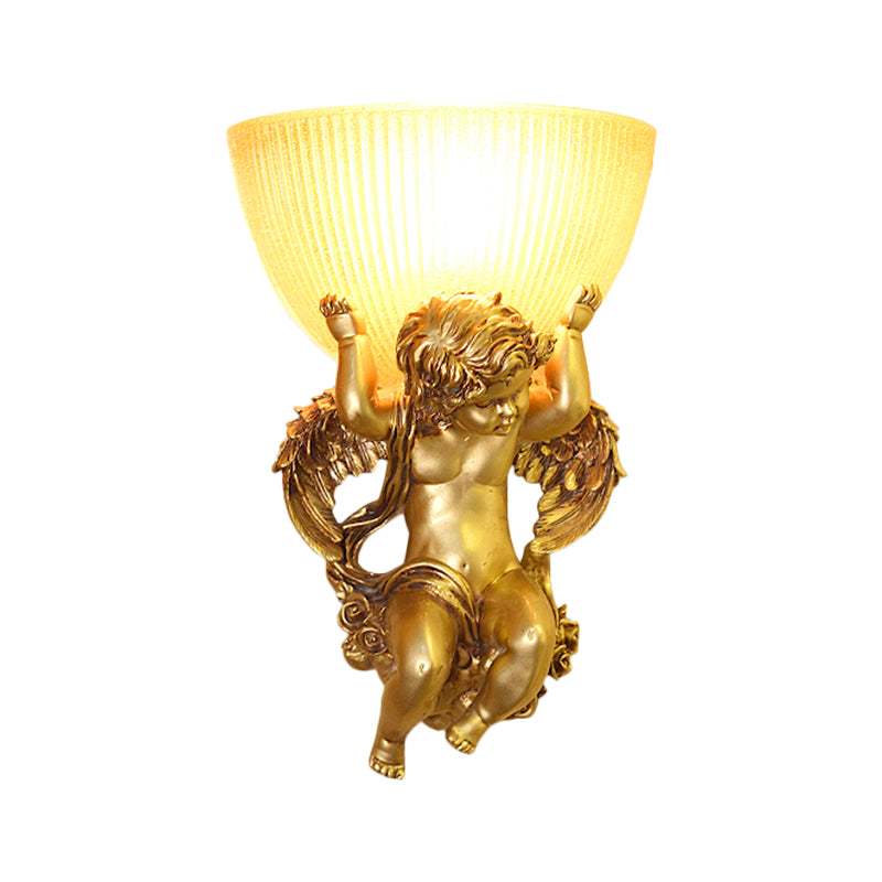 Angel Sconce Light Colony Metal 1 Head White/Gold Wall Lamp Fixture with Dome Amber Glass Shade, Left/Right Clearhalo 'Wall Lamps & Sconces' 'Wall Lights' Lighting' 268981