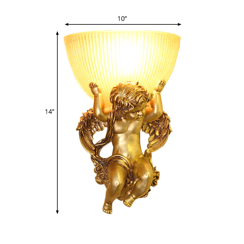 Angel Sconce Light Colony Metal 1 Head White/Gold Wall Lamp Fixture with Dome Amber Glass Shade, Left/Right Clearhalo 'Wall Lamps & Sconces' 'Wall Lights' Lighting' 268982