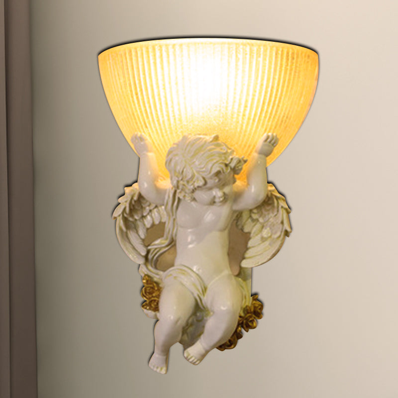 Angel Sconce Light Colony Metal 1 Head White/Gold Wall Lamp Fixture with Dome Amber Glass Shade, Left/Right White Right Clearhalo 'Wall Lamps & Sconces' 'Wall Lights' Lighting' 268983