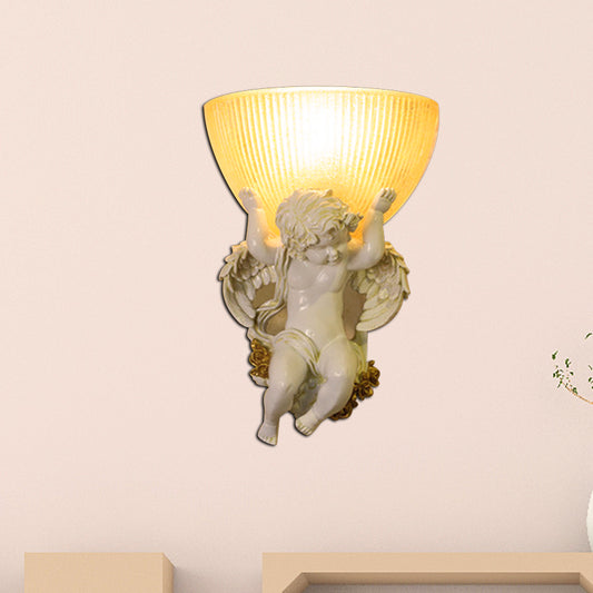 Angel Sconce Light Colony Metal 1 Head White/Gold Wall Lamp Fixture with Dome Amber Glass Shade, Left/Right Clearhalo 'Wall Lamps & Sconces' 'Wall Lights' Lighting' 268984