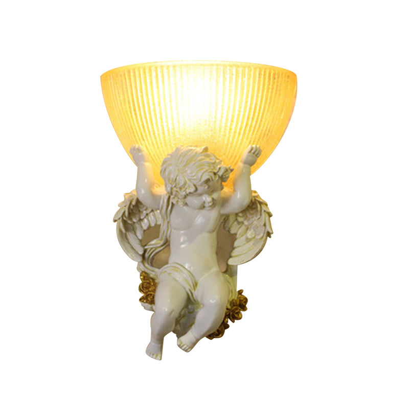 Angel Sconce Light Colony Metal 1 Head White/Gold Wall Lamp Fixture with Dome Amber Glass Shade, Left/Right Clearhalo 'Wall Lamps & Sconces' 'Wall Lights' Lighting' 268986