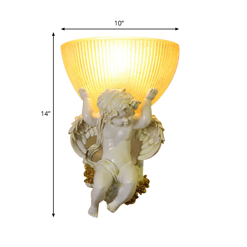 Angel Sconce Light Colony Metal 1 Head White/Gold Wall Lamp Fixture with Dome Amber Glass Shade, Left/Right Clearhalo 'Wall Lamps & Sconces' 'Wall Lights' Lighting' 268987