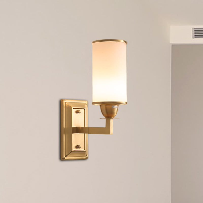 Armed Wall Lamp Traditional Metal 1 Bulb Brass Sconce Light Fixture with Cylinder White Glass Shade Brass Clearhalo 'Wall Lamps & Sconces' 'Wall Lights' Lighting' 268988