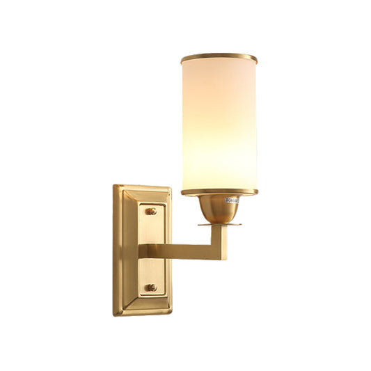 Armed Wall Lamp Traditional Metal 1 Bulb Brass Sconce Light Fixture with Cylinder White Glass Shade Clearhalo 'Wall Lamps & Sconces' 'Wall Lights' Lighting' 268991