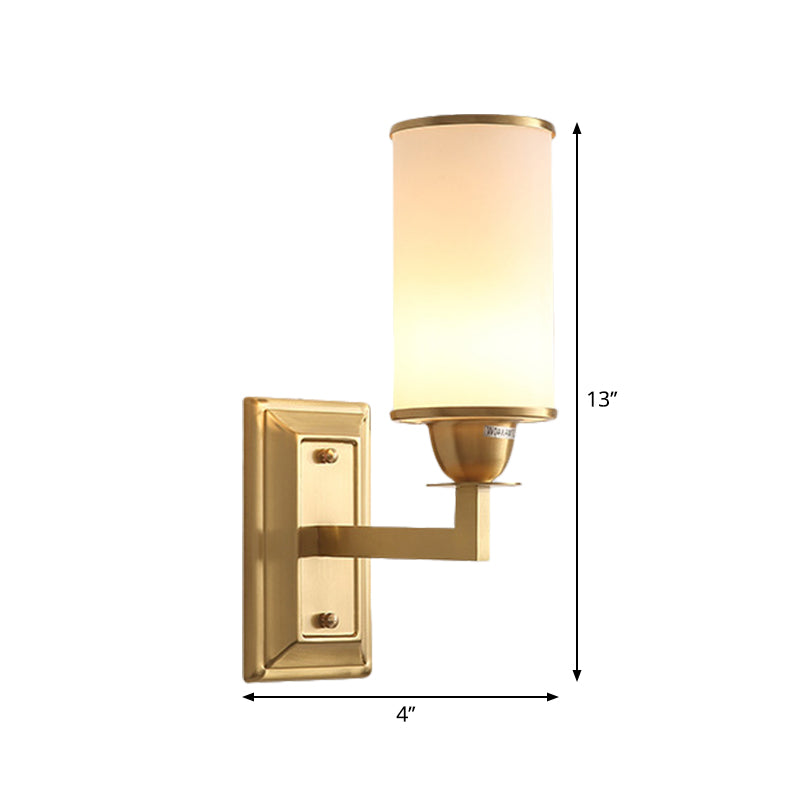 Armed Wall Lamp Traditional Metal 1 Bulb Brass Sconce Light Fixture with Cylinder White Glass Shade Clearhalo 'Wall Lamps & Sconces' 'Wall Lights' Lighting' 268992