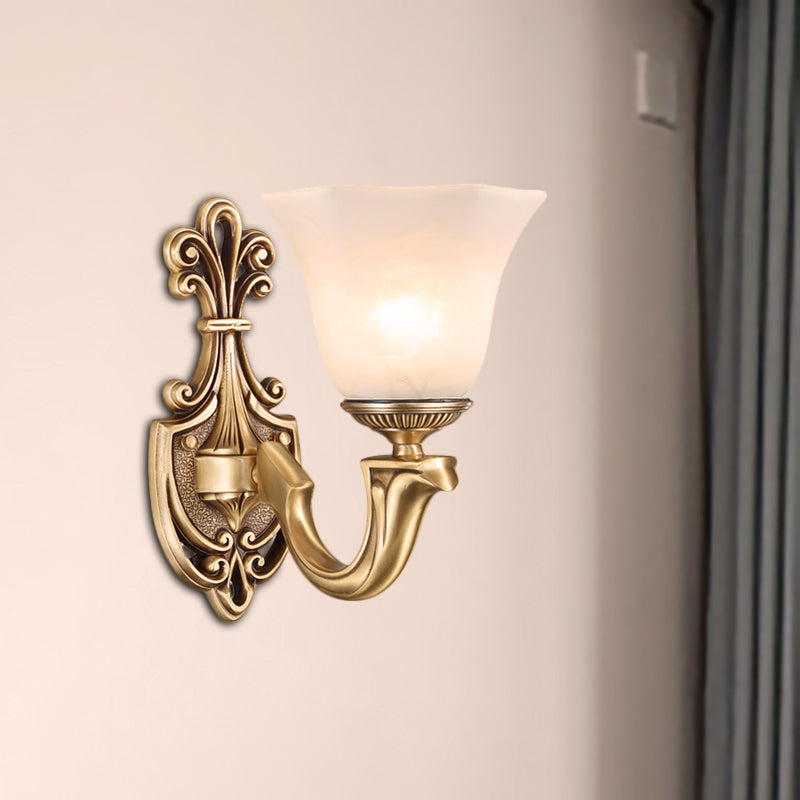 1/2 Bulbs Trumpet Sconce Lamp Tradition Opal Glass Wall Lighting Fixture with Brass Metal Curved Arm 1.0 Brass Clearhalo 'Wall Lamps & Sconces' 'Wall Lights' Lighting' 268993