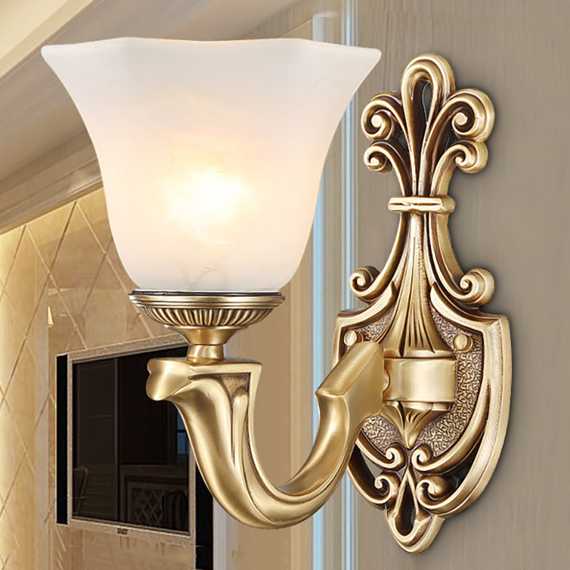 1/2 Bulbs Trumpet Sconce Lamp Tradition Opal Glass Wall Lighting Fixture with Brass Metal Curved Arm Clearhalo 'Wall Lamps & Sconces' 'Wall Lights' Lighting' 268994