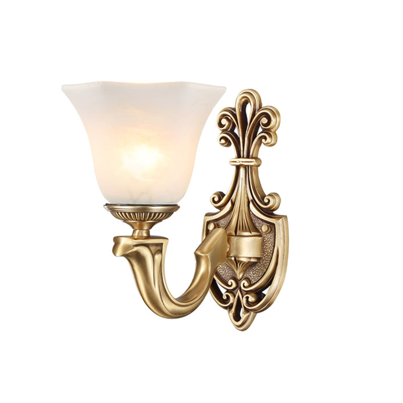 1/2 Bulbs Trumpet Sconce Lamp Tradition Opal Glass Wall Lighting Fixture with Brass Metal Curved Arm Clearhalo 'Wall Lamps & Sconces' 'Wall Lights' Lighting' 268996