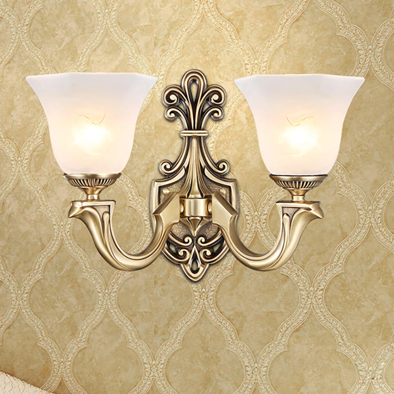 1/2 Bulbs Trumpet Sconce Lamp Tradition Opal Glass Wall Lighting Fixture with Brass Metal Curved Arm 2.0 Brass Clearhalo 'Wall Lamps & Sconces' 'Wall Lights' Lighting' 268999