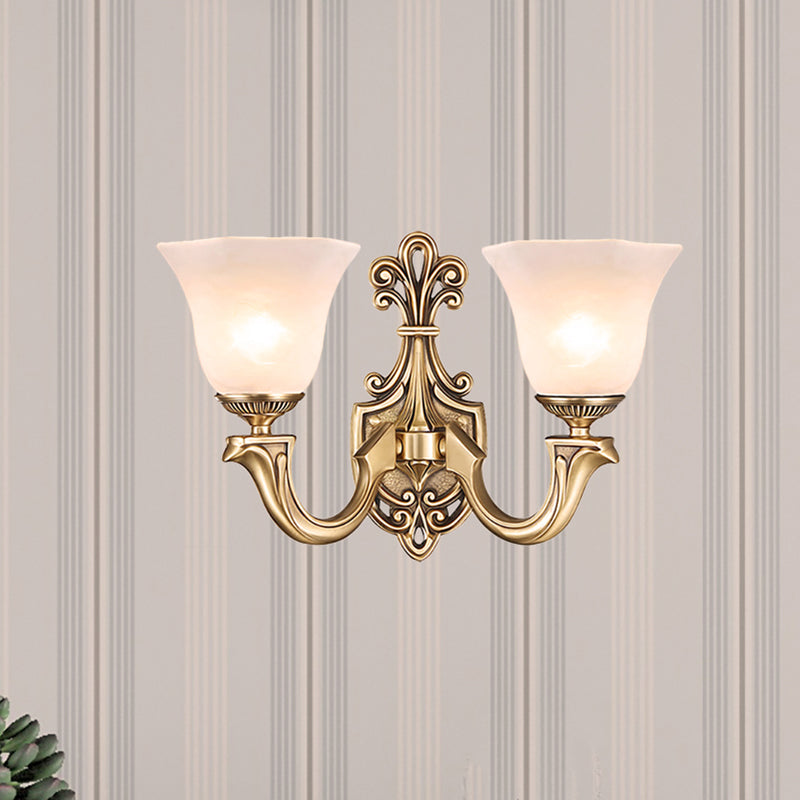 1/2 Bulbs Trumpet Sconce Lamp Tradition Opal Glass Wall Lighting Fixture with Brass Metal Curved Arm Clearhalo 'Wall Lamps & Sconces' 'Wall Lights' Lighting' 269000