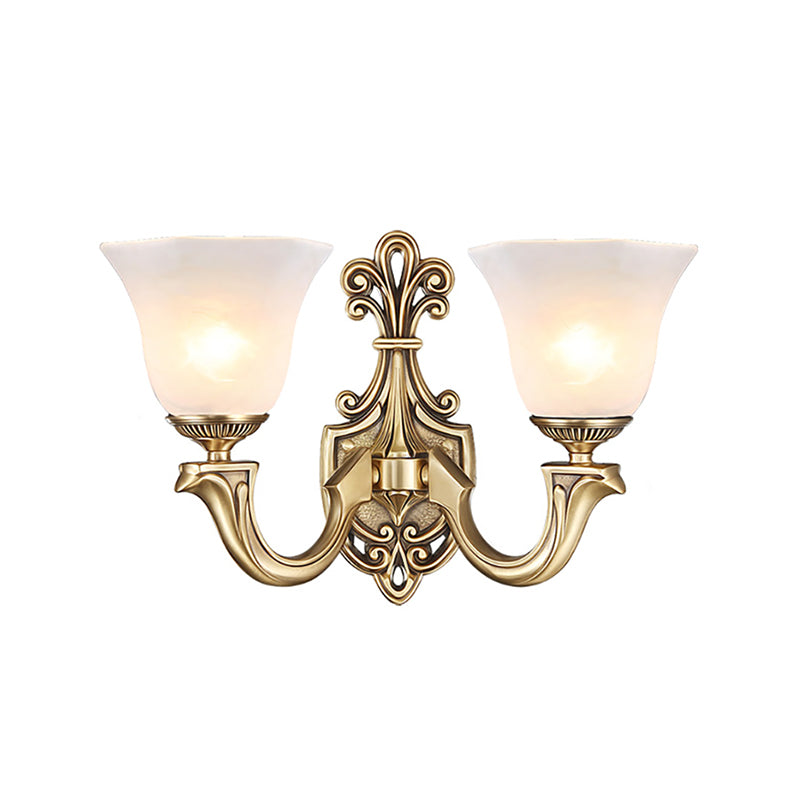 1/2 Bulbs Trumpet Sconce Lamp Tradition Opal Glass Wall Lighting Fixture with Brass Metal Curved Arm Clearhalo 'Wall Lamps & Sconces' 'Wall Lights' Lighting' 269002