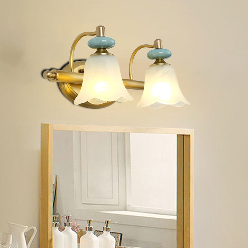 Modernism Armed Vanity Light Metal 2/3 Heads Wall Mounted Lamp in Brass with Flower Milk Glass Shade 2.0 Brass Clearhalo 'Wall Lamps & Sconces' 'Wall Lights' Lighting' 269004