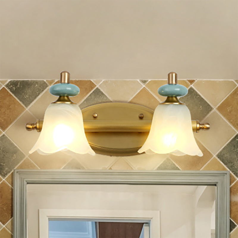 Modernism Armed Vanity Light Metal 2/3 Heads Wall Mounted Lamp in Brass with Flower Milk Glass Shade Clearhalo 'Wall Lamps & Sconces' 'Wall Lights' Lighting' 269005