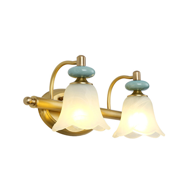 Modernism Armed Vanity Light Metal 2/3 Heads Wall Mounted Lamp in Brass with Flower Milk Glass Shade Clearhalo 'Wall Lamps & Sconces' 'Wall Lights' Lighting' 269007