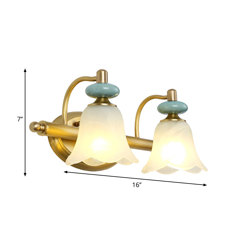 Modernism Armed Vanity Light Metal 2/3 Heads Wall Mounted Lamp in Brass with Flower Milk Glass Shade Clearhalo 'Wall Lamps & Sconces' 'Wall Lights' Lighting' 269008