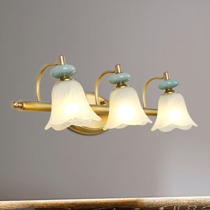 Modernism Armed Vanity Light Metal 2/3 Heads Wall Mounted Lamp in Brass with Flower Milk Glass Shade 3.0 Brass Clearhalo 'Wall Lamps & Sconces' 'Wall Lights' Lighting' 269009