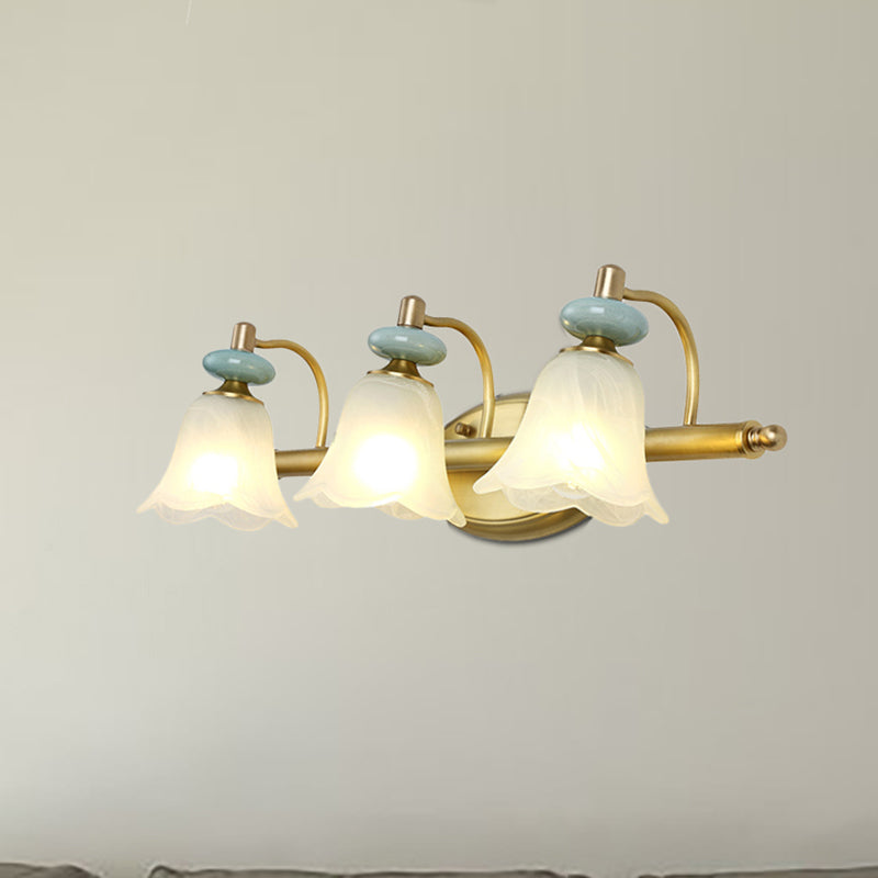 Modernism Armed Vanity Light Metal 2/3 Heads Wall Mounted Lamp in Brass with Flower Milk Glass Shade Clearhalo 'Wall Lamps & Sconces' 'Wall Lights' Lighting' 269010