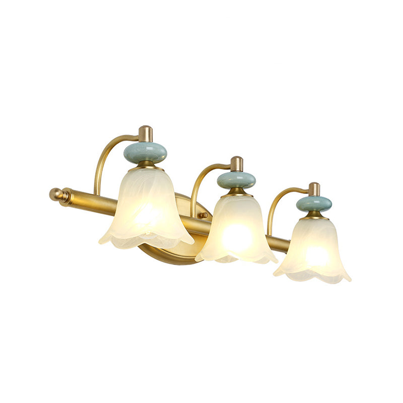 Modernism Armed Vanity Light Metal 2/3 Heads Wall Mounted Lamp in Brass with Flower Milk Glass Shade Clearhalo 'Wall Lamps & Sconces' 'Wall Lights' Lighting' 269012