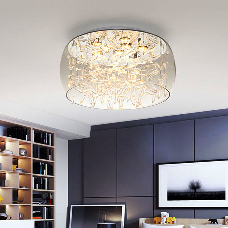 Curved Drum Flush Mount Modernism Crystal Amber/White LED Ceiling Mount Light Fixture in Warm/White/3 Color Light, 16"/19.5" Wide Clear Clearhalo 'Ceiling Lights' 'Close To Ceiling Lights' 'Close to ceiling' 'Flush mount' Lighting' 269048