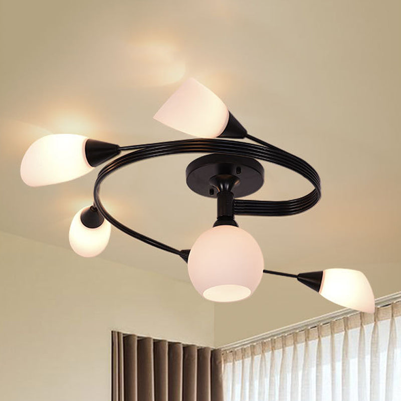 Twisted Living Room Semi Mount Lighting Traditional Frosted Glass 4/6 Lights Black/White Ceiling Light 6 Black Clearhalo 'Ceiling Lights' 'Close To Ceiling Lights' 'Close to ceiling' 'Glass shade' 'Glass' 'Semi-flushmount' Lighting' 269545