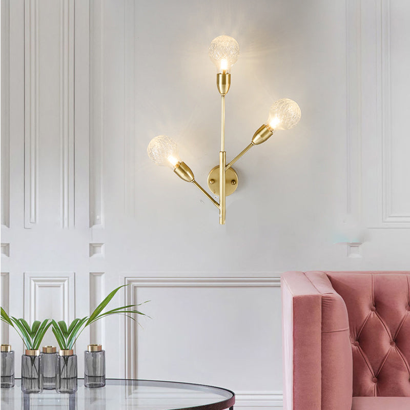 Brass/Brass-Plated Armed Sconce Lamp Modernist 3 Bulbs Wall Mount Light Fixture with Prismatic Glass Ball Shade Clearhalo 'Modern wall lights' 'Modern' 'Wall Lamps & Sconces' 'Wall Lights' Lighting' 269610