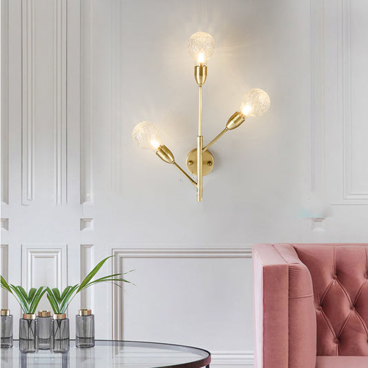 Brass/Brass-Plated Armed Sconce Lamp Modernist 3 Bulbs Wall Mount Light Fixture with Prismatic Glass Ball Shade Clearhalo 'Modern wall lights' 'Modern' 'Wall Lamps & Sconces' 'Wall Lights' Lighting' 269610