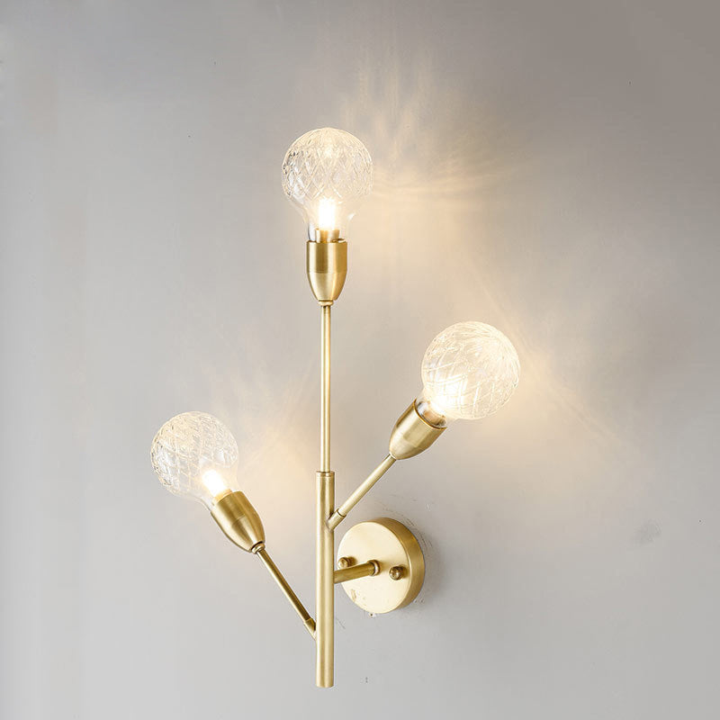 Brass/Brass-Plated Armed Sconce Lamp Modernist 3 Bulbs Wall Mount Light Fixture with Prismatic Glass Ball Shade Brass Clearhalo 'Modern wall lights' 'Modern' 'Wall Lamps & Sconces' 'Wall Lights' Lighting' 269611