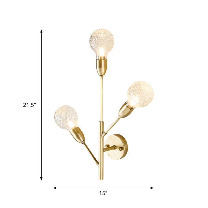 Brass/Brass-Plated Armed Sconce Lamp Modernist 3 Bulbs Wall Mount Light Fixture with Prismatic Glass Ball Shade Clearhalo 'Modern wall lights' 'Modern' 'Wall Lamps & Sconces' 'Wall Lights' Lighting' 269614