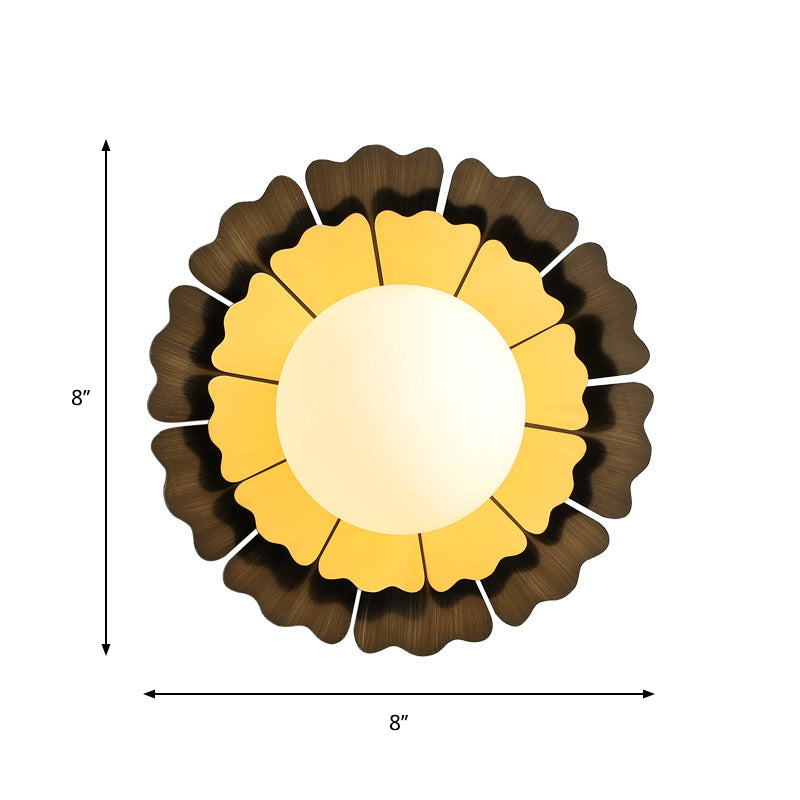 Macaron Sunflower Sconce Light Metallic 1-Light Yellow Wall Mount Lamp with Matte White Glass Ball Clearhalo 'Cast Iron' 'Glass' 'Industrial' 'Modern wall lights' 'Modern' 'Tiffany' 'Traditional wall lights' 'Wall Lamps & Sconces' 'Wall Lights' Lighting' 269653