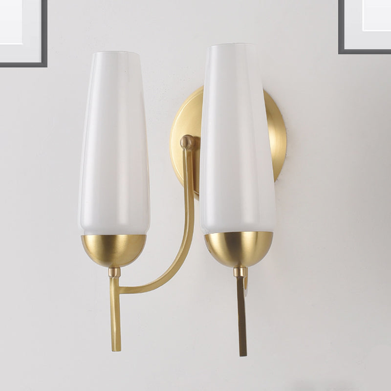 Conical Sconce Light Contemporary 1/2-Light Opal Glossy Glass Wall Mount Lamp in Gold Clearhalo 'Cast Iron' 'Glass' 'Industrial' 'Modern wall lights' 'Modern' 'Tiffany' 'Traditional wall lights' 'Wall Lamps & Sconces' 'Wall Lights' Lighting' 269663