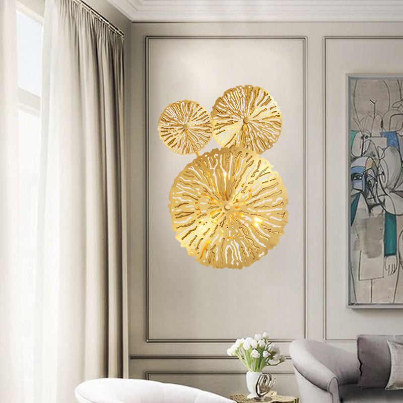 3/6/7 Heads Brass Wall Mount Lamp Asian Style Gold Finish Etched Lotus Leaf Wall Light Sconce 3.0 Gold Clearhalo 'Wall Lamps & Sconces' 'Wall Lights' Lighting' 269691