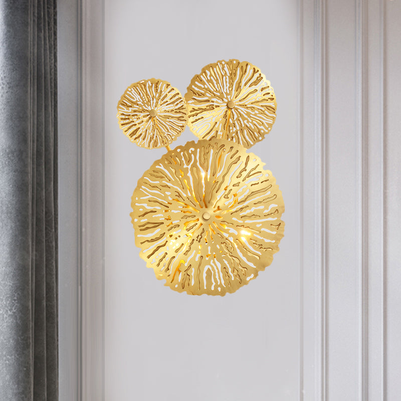 3/6/7 Heads Brass Wall Mount Lamp Asian Style Gold Finish Etched Lotus Leaf Wall Light Sconce Clearhalo 'Wall Lamps & Sconces' 'Wall Lights' Lighting' 269692