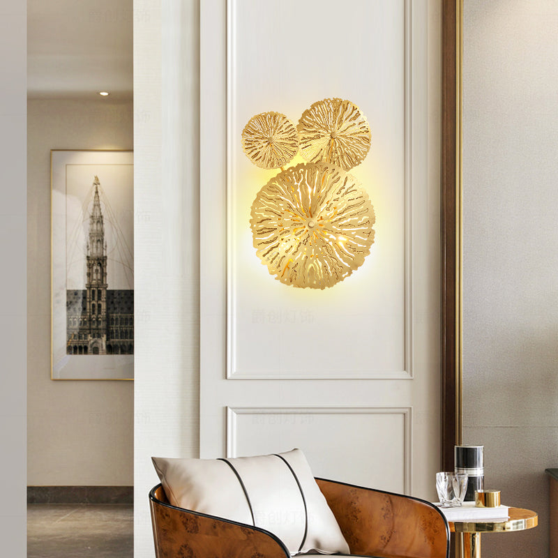 3/6/7 Heads Brass Wall Mount Lamp Asian Style Gold Finish Etched Lotus Leaf Wall Light Sconce Clearhalo 'Wall Lamps & Sconces' 'Wall Lights' Lighting' 269693