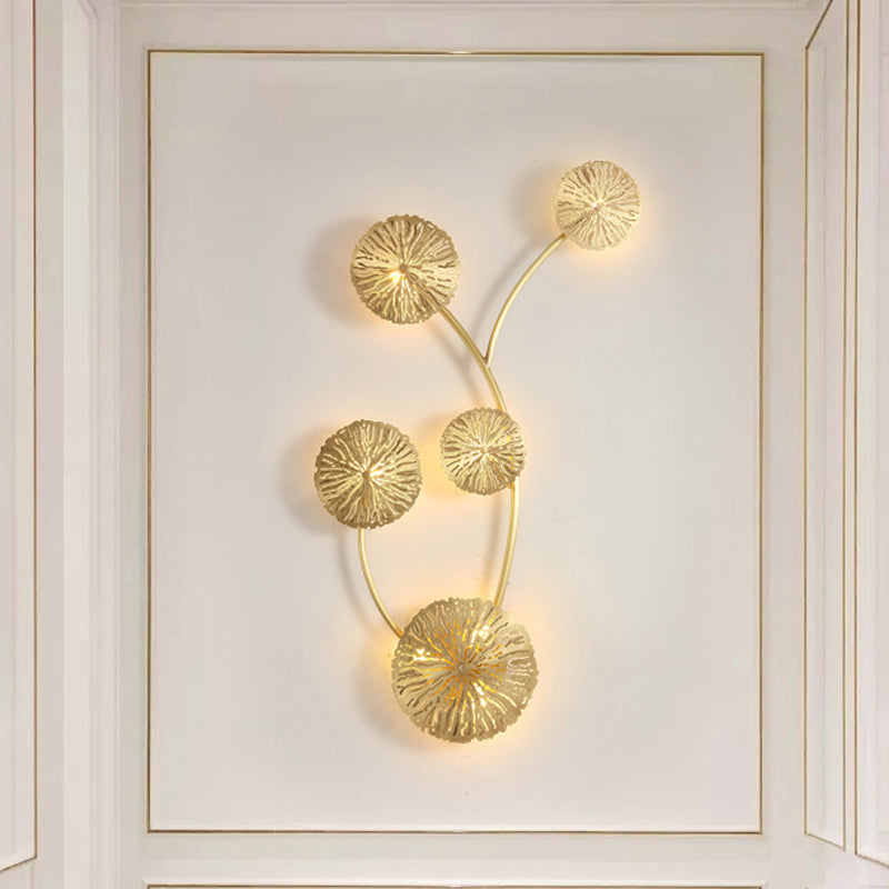 3/6/7 Heads Brass Wall Mount Lamp Asian Style Gold Finish Etched Lotus Leaf Wall Light Sconce 7.0 Gold Clearhalo 'Wall Lamps & Sconces' 'Wall Lights' Lighting' 269697