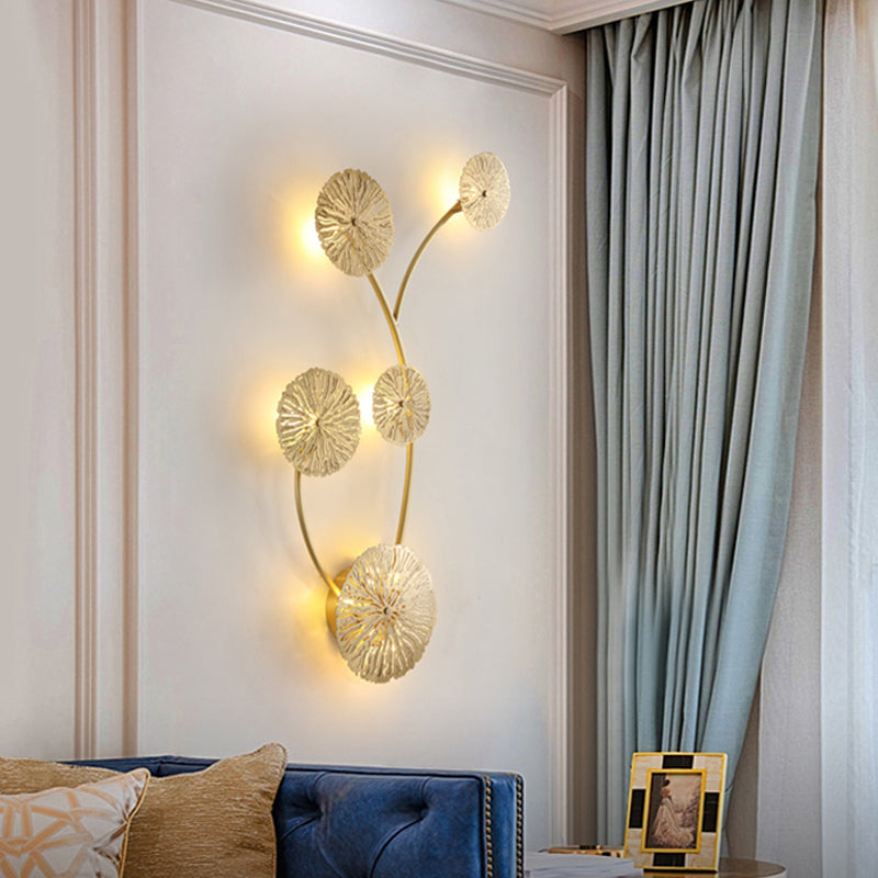 3/6/7 Heads Brass Wall Mount Lamp Asian Style Gold Finish Etched Lotus Leaf Wall Light Sconce Clearhalo 'Wall Lamps & Sconces' 'Wall Lights' Lighting' 269698