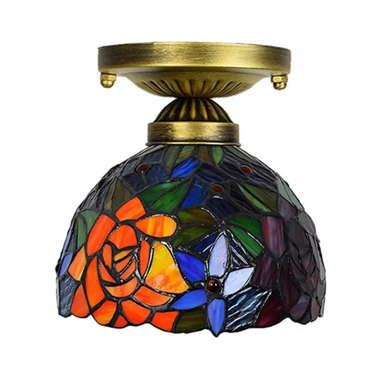 Stained Glass Ceiling Light for Bedroom, Tiffany Semi Flush Mount Light in Antique Brass with Floral Shade Clearhalo 'Ceiling Lights' 'Close To Ceiling Lights' 'Close to ceiling' 'Glass shade' 'Glass' 'Semi-flushmount' 'Tiffany close to ceiling' 'Tiffany' Lighting' 2696